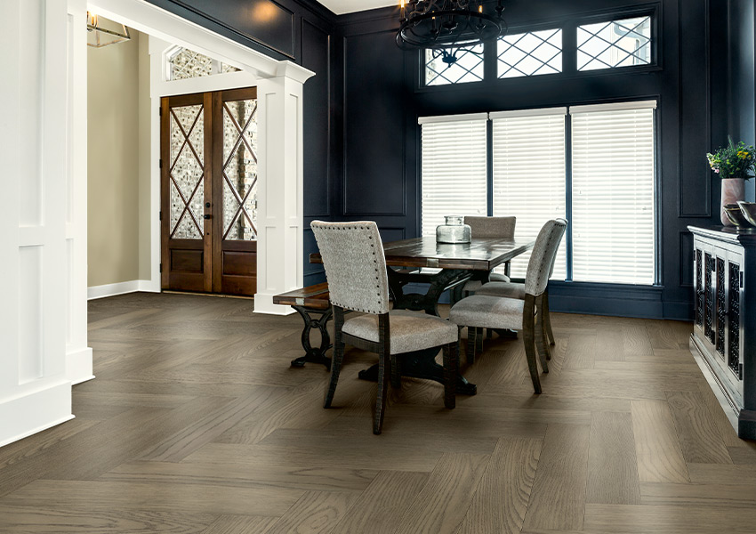 herringbone hardwood flooring in dining room